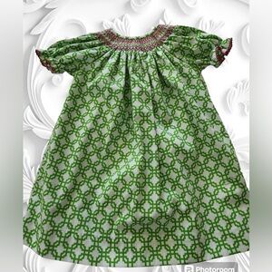 Silly Goose Hand Smocked Dress Green/white/pink Size 24M